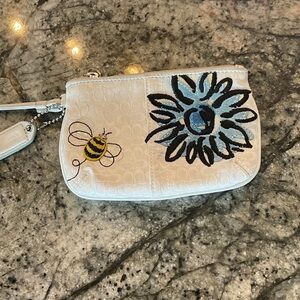 Coach White Clutch with Blue Floral and Bee Design